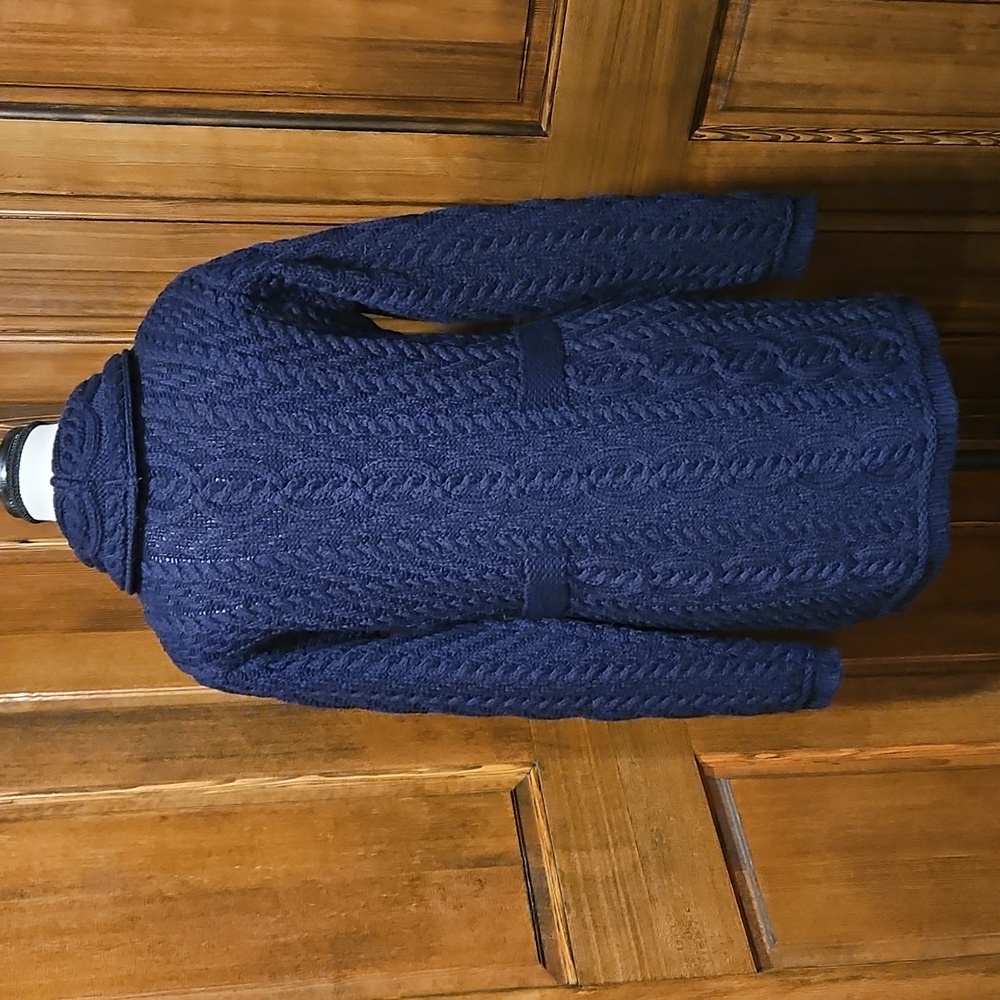 Aran Crafts 100% Merino Wool Button Up Cable Knit Double Busted Dark Blue Sz XS - Picture 3 of 9